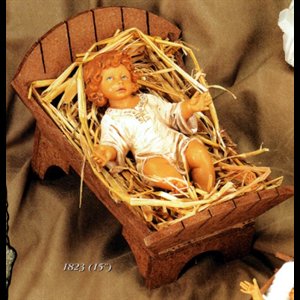 Color Resin Infant Jesus W/Crib Outdoor Figurine, 15" (38cm)