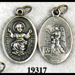 Médaille Enfant Jésus Et Ange Gardien En Métal Oxydé.