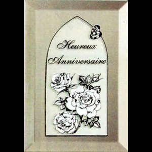 Beveled Mirror Plaque "Heureux Anniversaire", French text.