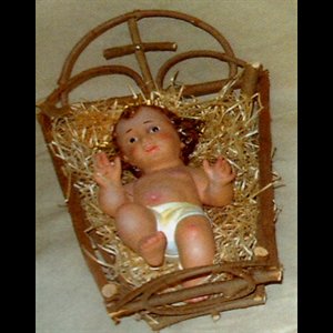 Plaster Infant Jesus W/ Glass Eyes & Crib, 9" (23 cm)
