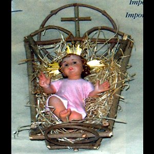 Plaster Infant Jesus W/ Glass Eyes & Crib, 9" (23 cm)