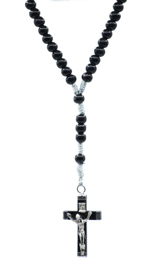 Rosary, Black Plastic Beads, String, Wooden Cross