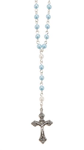 Rosary, Blue Beads 4 mm, Silver-Finish Chain & Cross