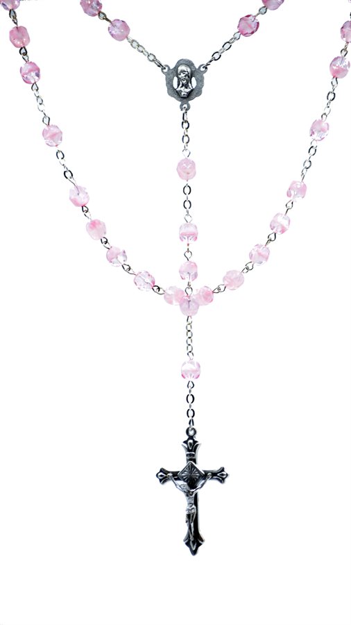 Rosary, Marbled Pink Beads, Silver-Finish Cross