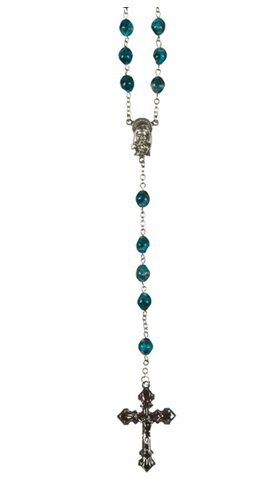 Rosary, Marbled Blue Beads, Silver-Finish Cross