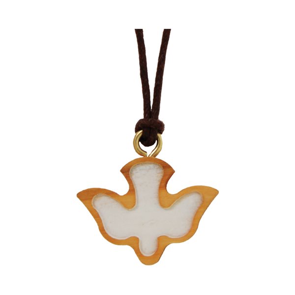 White & Olive Wood Dove Pendentif, Brown String,13" White & Olive Wood Dove Pendentif, Brown String,13"