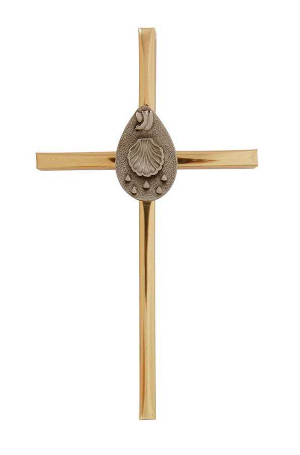 Croix baptême métal doré, motif en étain, 15 cm