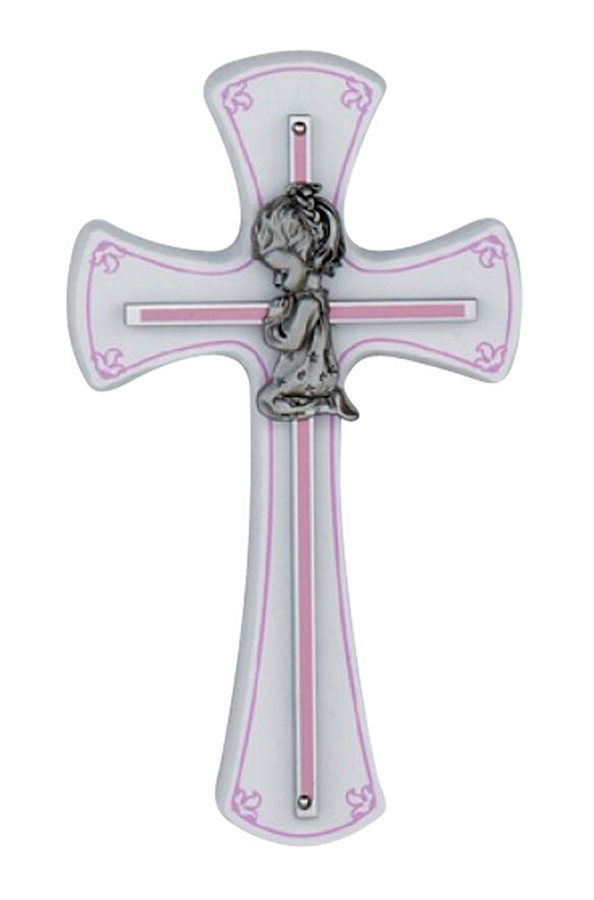 Croix blanche et rose, fillette en prière, 17 cm