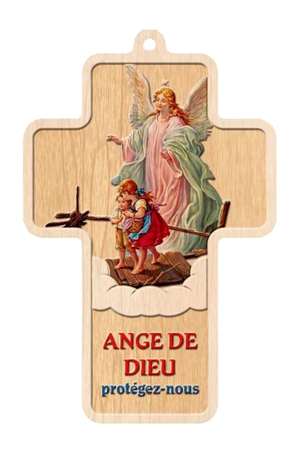 Croix baptême sur bois « Ange gardien », 12,5 cm, Français