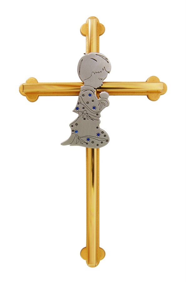 Croix baptême garçon, métal bicolore, pierres bleues, 20 cm