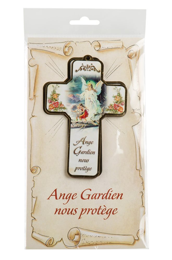 'Ange gardien'' Wooden Cross, Card&Text, 5", French 'Ange gardien'' Wooden Cross, Card&Text, 5", French