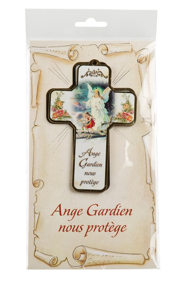 'Ange gardien'' Wooden Cross, Card&Text, 5", French