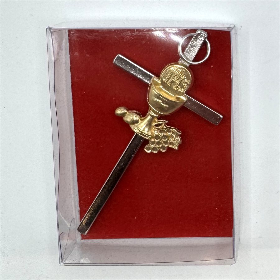Croix 1ère Communion argenté, 4'' (10 cm), calice doré