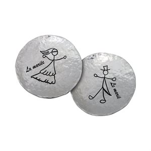 Ens. assiettes en métal pour mariés, 6,4 cm, Français