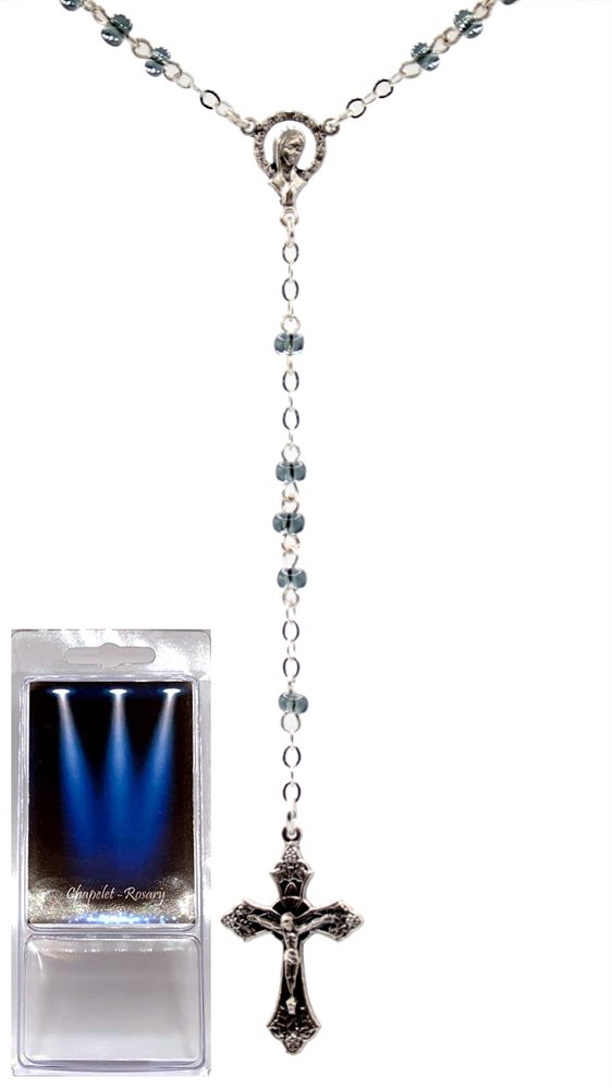 Boîte chapelet, grains 4 mm, verre gris, 30,5 cm Boîte chapelet, grains 4 mm, verre gris, 30,5 cm