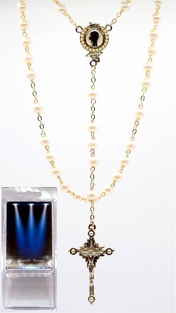 Boîte Chapelet, grains de 7 mm, verre nacré, 53 cm Boîte Chapelet, grains de 7 mm, verre nacré, 53 cm