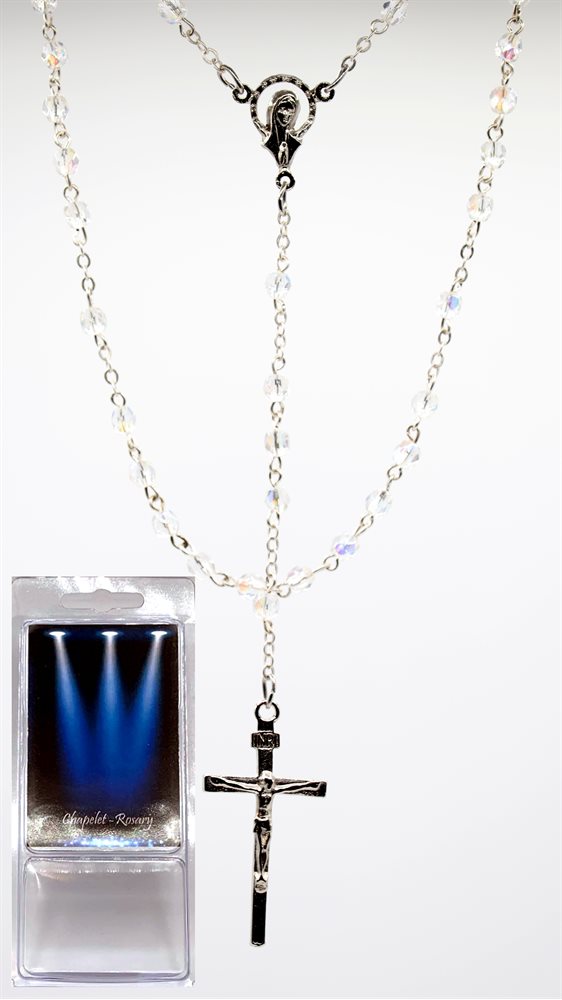 Boîte Chapelet, grains 4 mm ronds, verre cristal, 40 cm Boîte Chapelet, grains 4 mm ronds, verre cristal, 40 cm