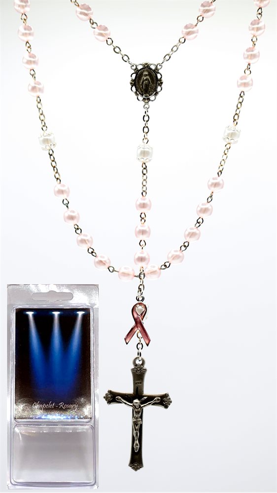 Boîte Chapelet, grains 7 mm, verre rose nacré, 51 cm Boîte Chapelet, grains 7 mm, verre rose nacré, 51 cm