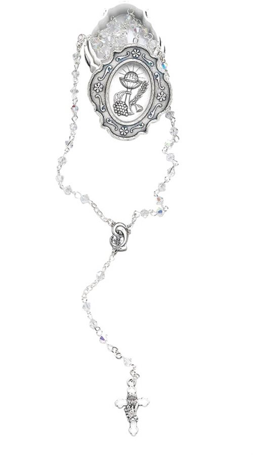 Boxed rosary, 4 mm clear pearl, silver cross¢er Boxed rosary, 4 mm clear pearl, silver cross¢er