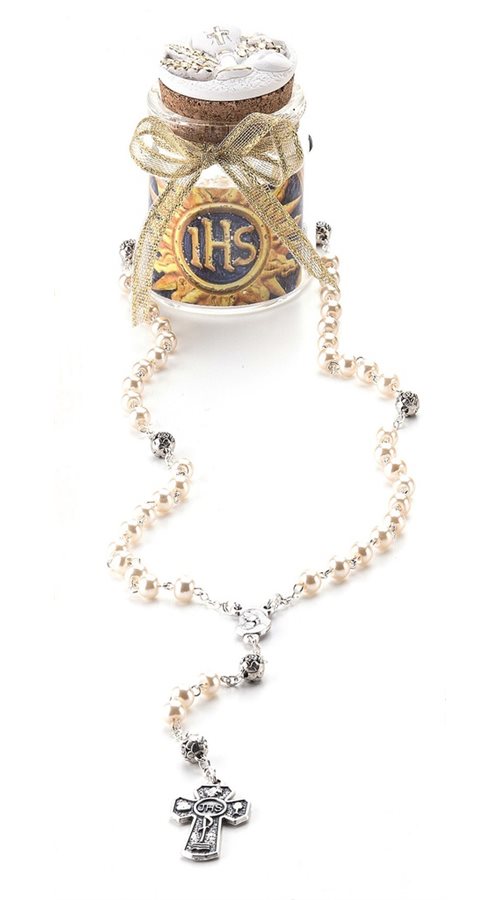 Rosary, 5mm cream & sil. beads, glass bottle Rosary, 5mm cream & sil. beads, glass bottle