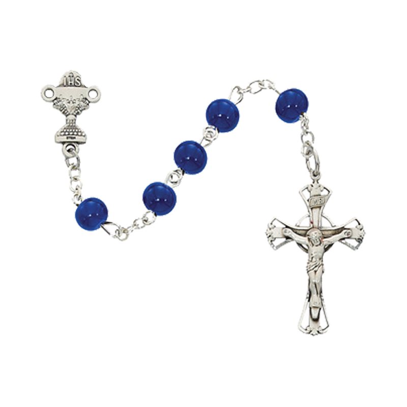 Chapelet perles 6 mm verre bleu, croix arg., 1ère Communion Chapelet perles 6 mm verre bleu, croix arg., 1ère Communion