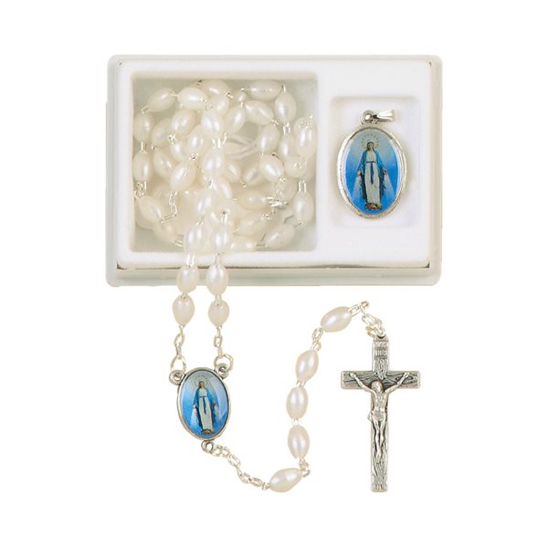Boxed Rosary, 5 mm White Plastic Beads, 18" Boxed Rosary, 5 mm White Plastic Beads, 18"