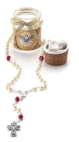 5mm confirmation pearl rosary, glass bottle