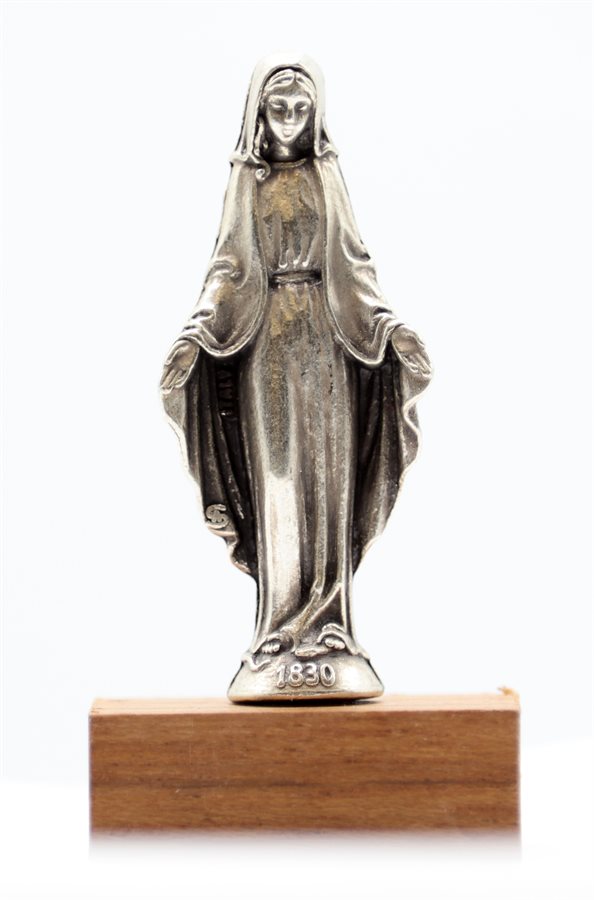 Statuette arg., Immaculée, base de bois, 5,5 cm
