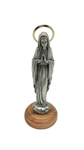 Statuette Lourdes, métal, base en bois olivier, 12cm