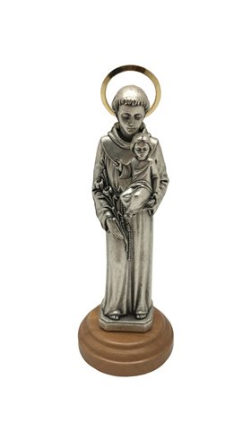 Statuette Saint Antoine, métal, base bois olivier, 12 cm