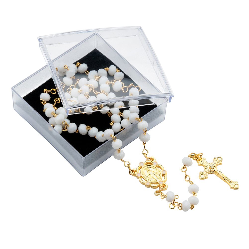 White Glass Rosary , 6 mm, Immaculate Medal, 41 cm White Glass Rosary , 6 mm, Immaculate Medal, 41 cm