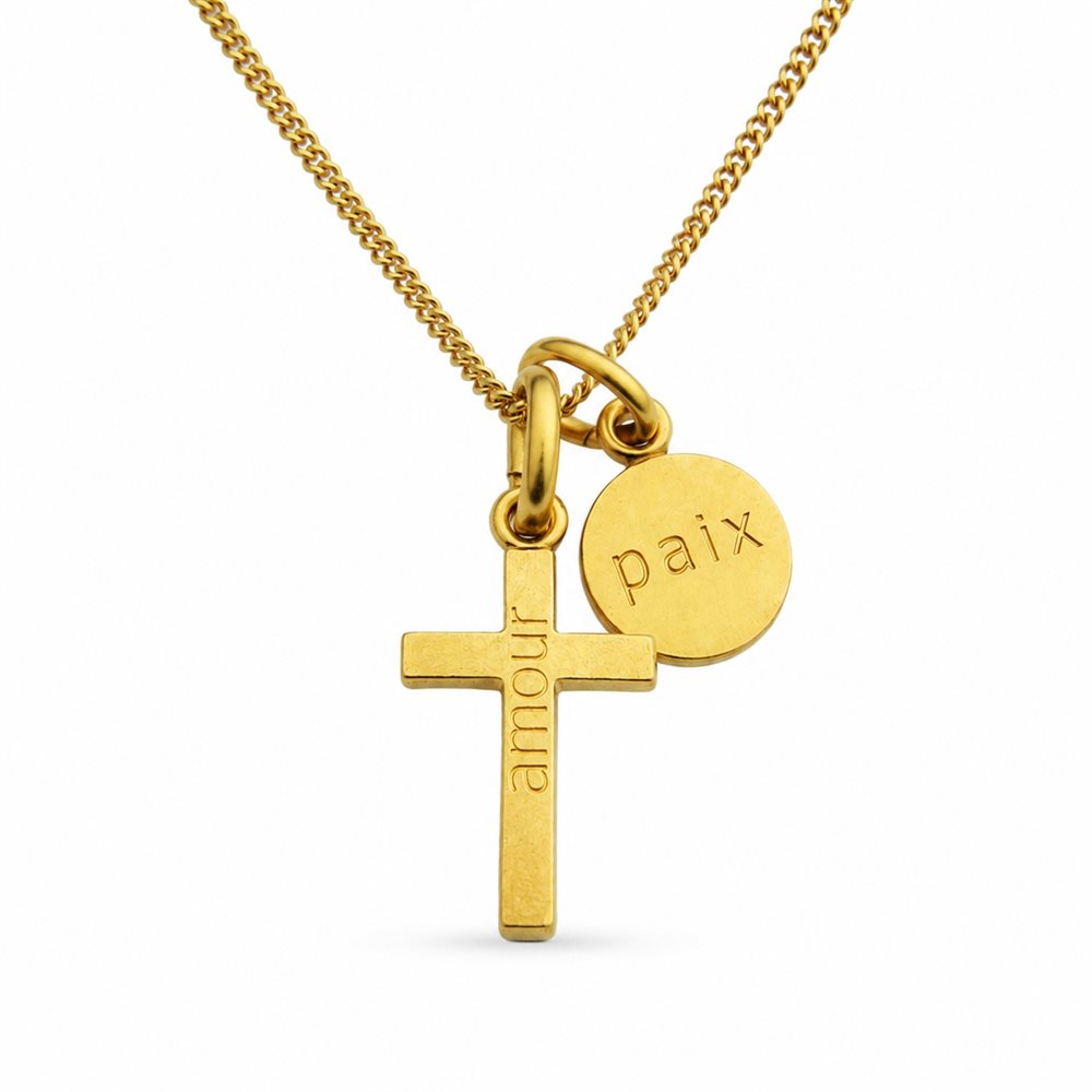 "Paix et amour" Gold. Necklace, 16mm Cross, French