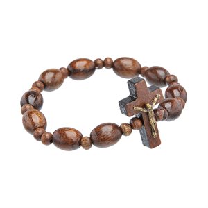 Bracelet élastique dizainier, noyer, avec crucifix