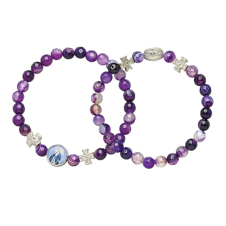 Bracelet cartes perl. d'agathe rayée, améthyste, Méd. Mirac.