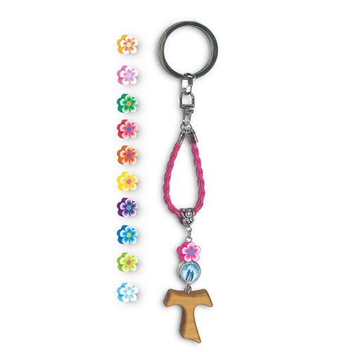 Porte-clés, fleur et croix de bois, couleurs assorties