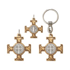 St. Benedict Key Chain, Olive wood & metal