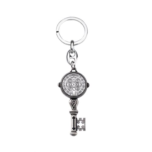 Porte-clés de Saint Benoit, métal argenté, 6 cm
