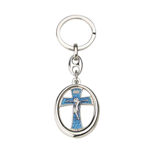 Key Chain with Crucifix, blue Nickel