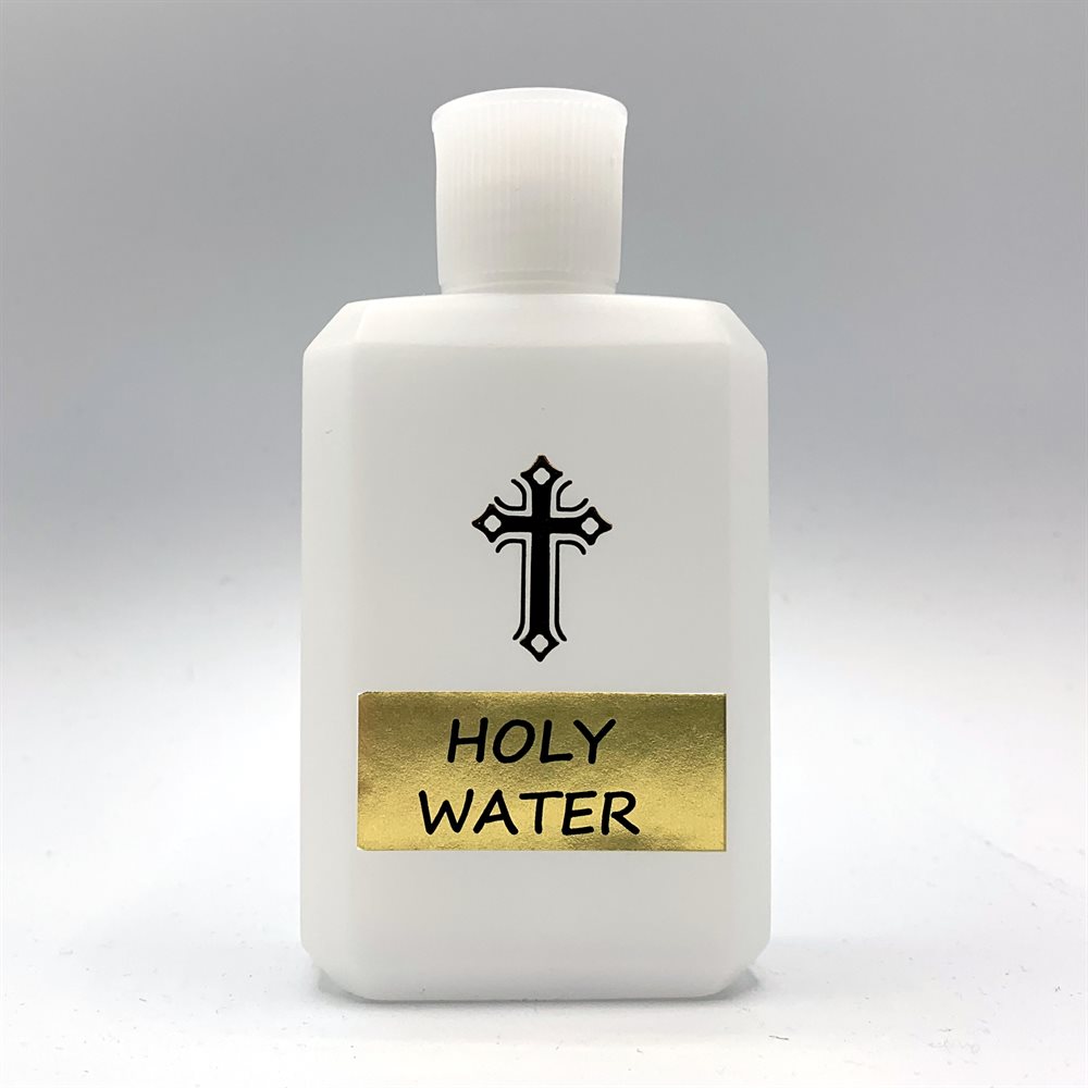 Bouteille eau bénite, plastique, 6 x 11,5 cm, Anglais
