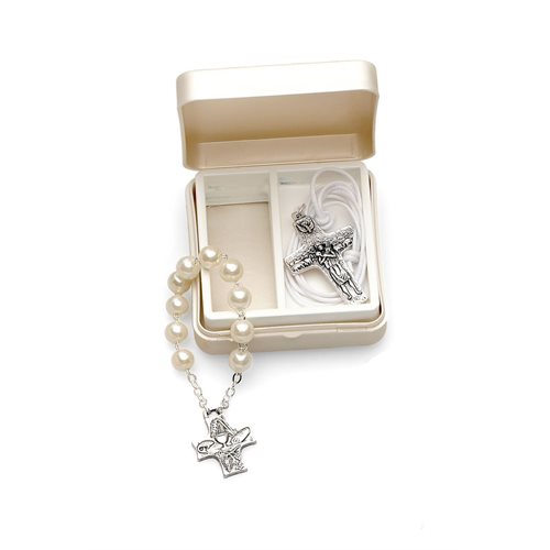 Boîtier cadeau, collier et Dizainier couleur crème