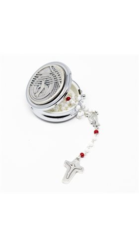 White and red rosary, 3mm and metal box