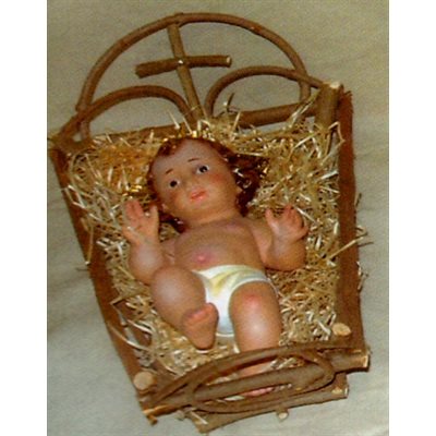 Plaster Infant Jesus W / Glass Eyes & Crib, 9" (23 cm)