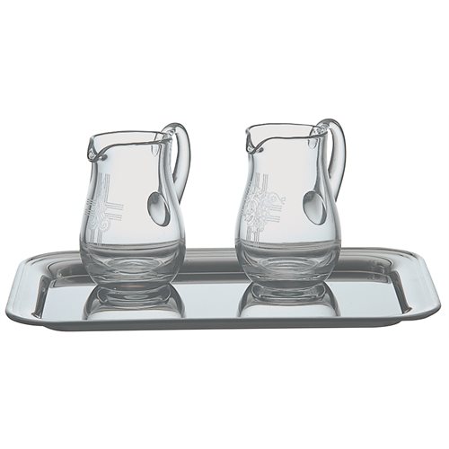 Cruets, Crystal, pair, 4 oz, with stainless tray, 6'' x 9''