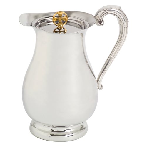 Bright Finish Pewter Flagon, Gold Plated Cross, 38 oz. 8.5"H